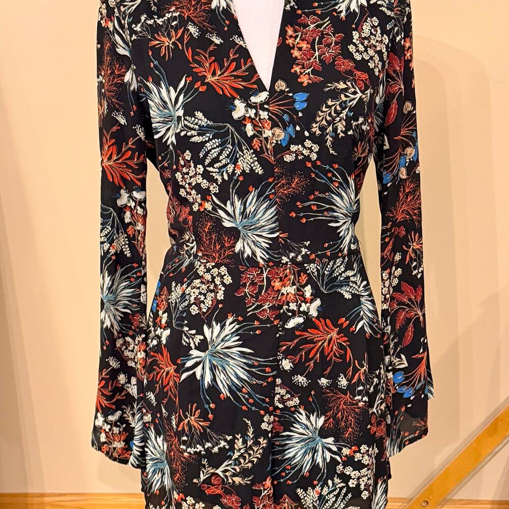 Timing Floral Romper Size L Mock Neck Bell Sleeve Black Multicolor Jumpsuit